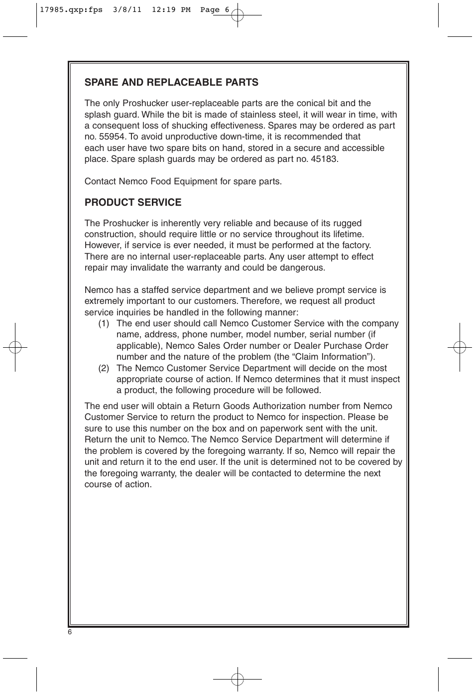 Nemco Food Equipment ProShucker Power Shell Separator - Operations Manual User Manual | Page 6 / 8