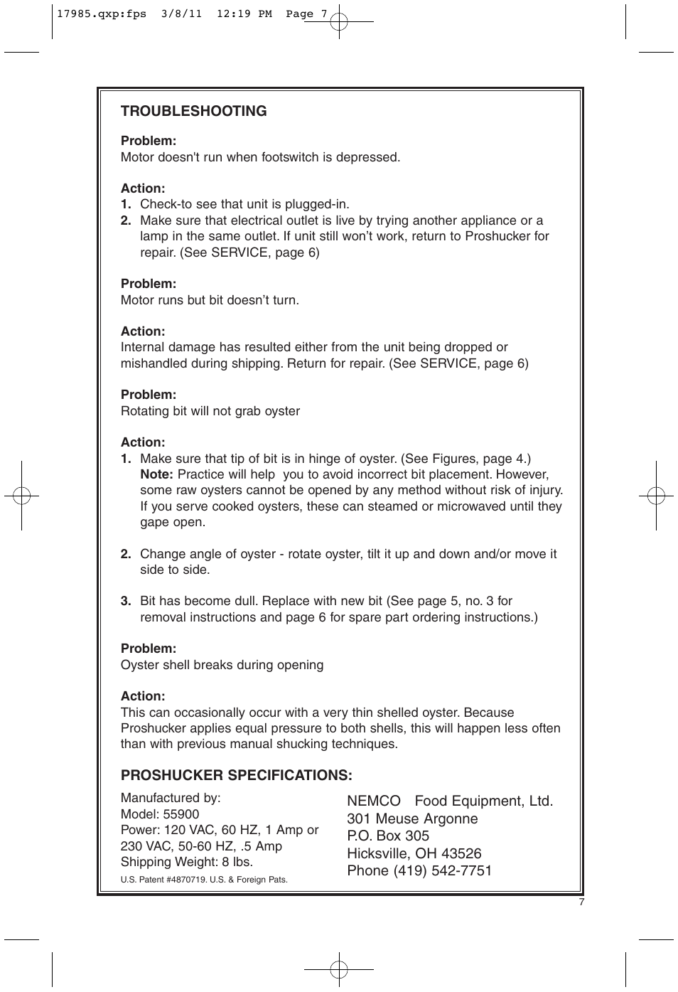 Nemco Food Equipment ProShucker Power Shell Separator - Operations Manual User Manual | Page 7 / 8