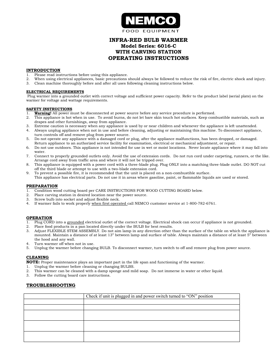 Nemco Food Equipment Carving Station Bulb Warmers 6016-C - Operations Manual User Manual | 2 pages