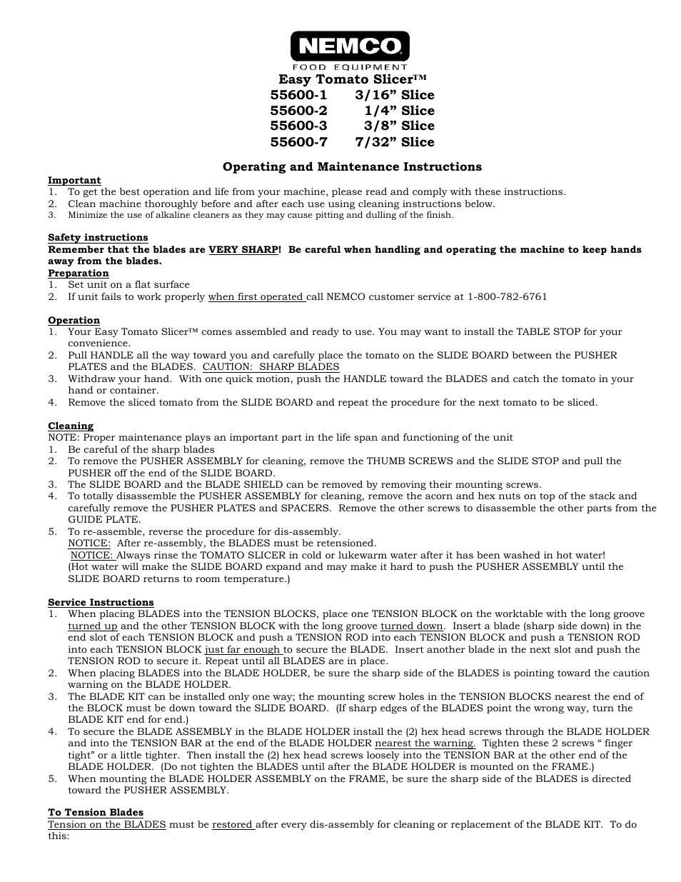 Nemco Food Equipment Easy Tomato Slicer - Operations Manual User Manual | 2 pages