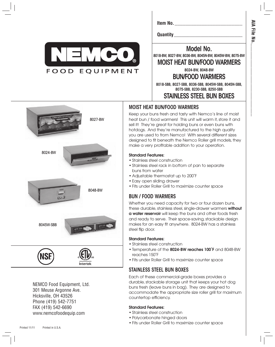 Nemco Food Equipment Moist Heat Bun_Food Warmers - Spec Sheet User Manual | 2 pages