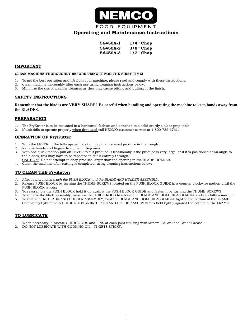 Nemco Food Equipment Monster FryKutter - Operations Manual User Manual | 2 pages