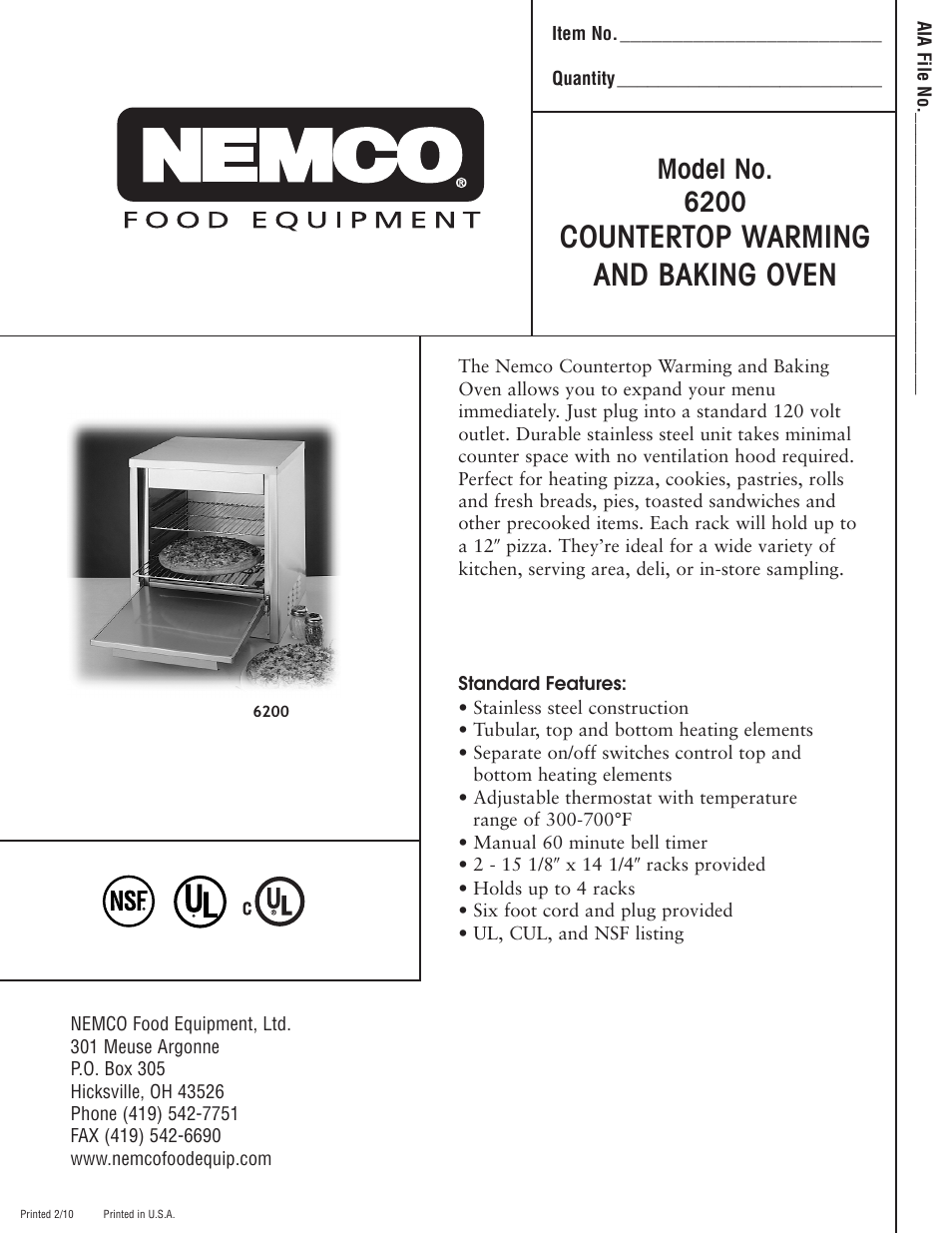 Nemco Food Equipment Countertop Warming & Baking Oven - Spec Sheet User Manual | 2 pages