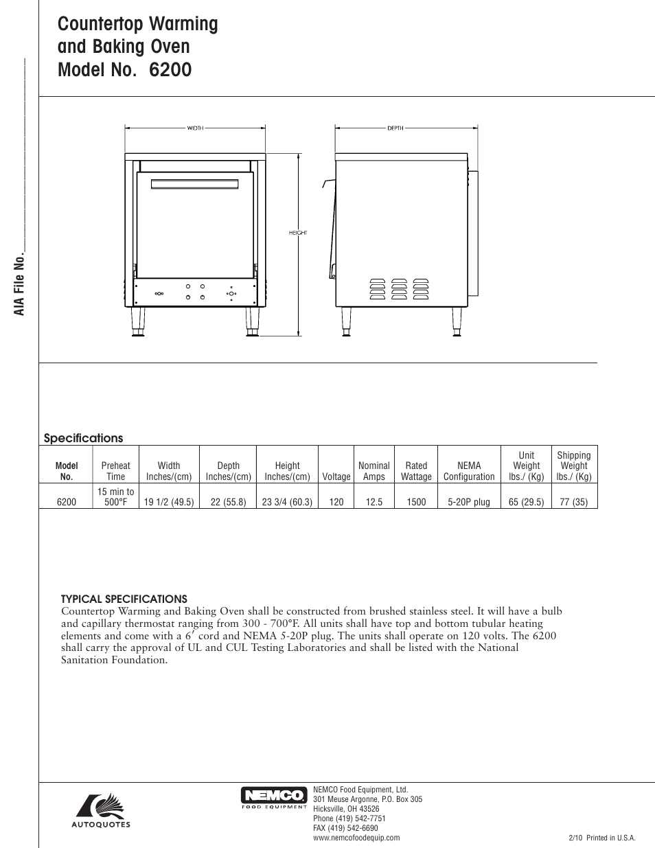 Countertop warming and baking oven model no. 6200 | Nemco Food Equipment Countertop Warming & Baking Oven - Spec Sheet User Manual | Page 2 / 2