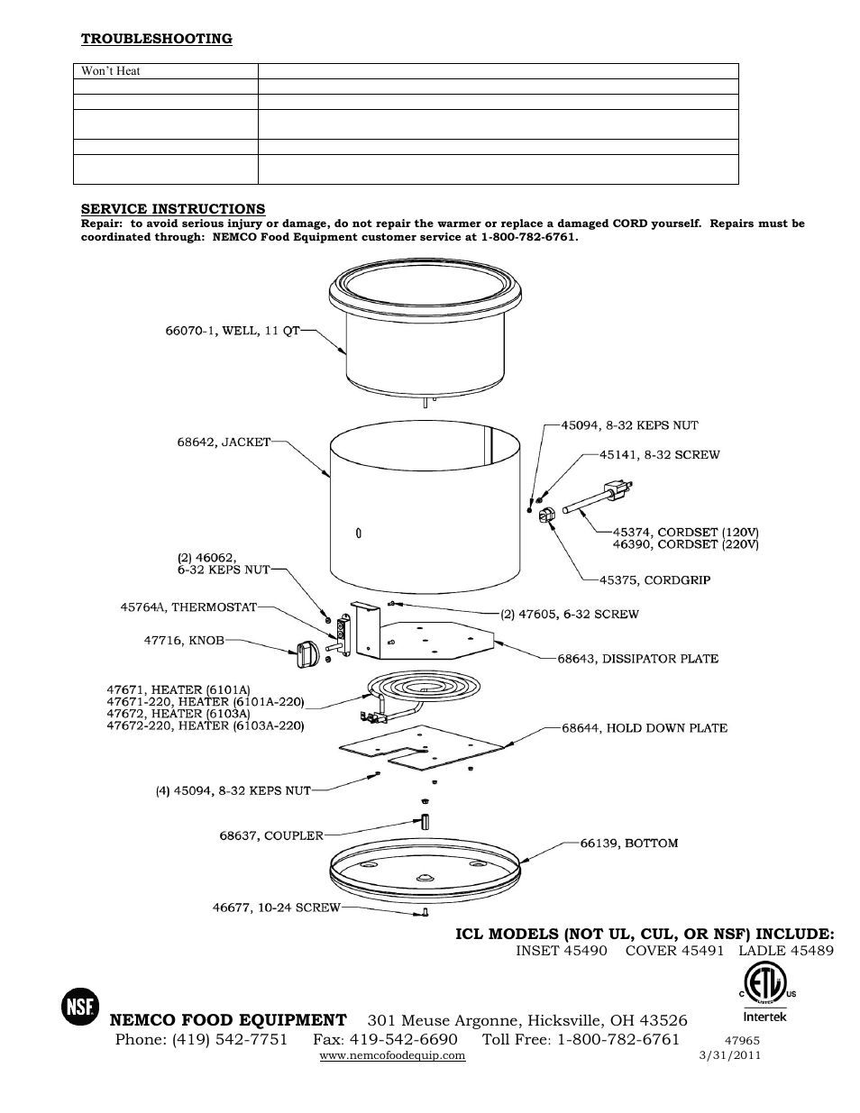 Nemco Food Equipment Round Cookers & Warmers 6101A & 6103A - Operations Manual User Manual | Page 2 / 2