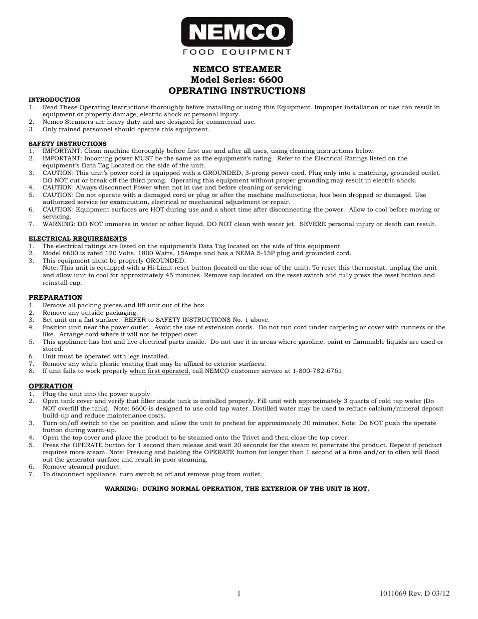 Nemco Food Equipment Super Shot - Operations Manual User Manual | 5 pages