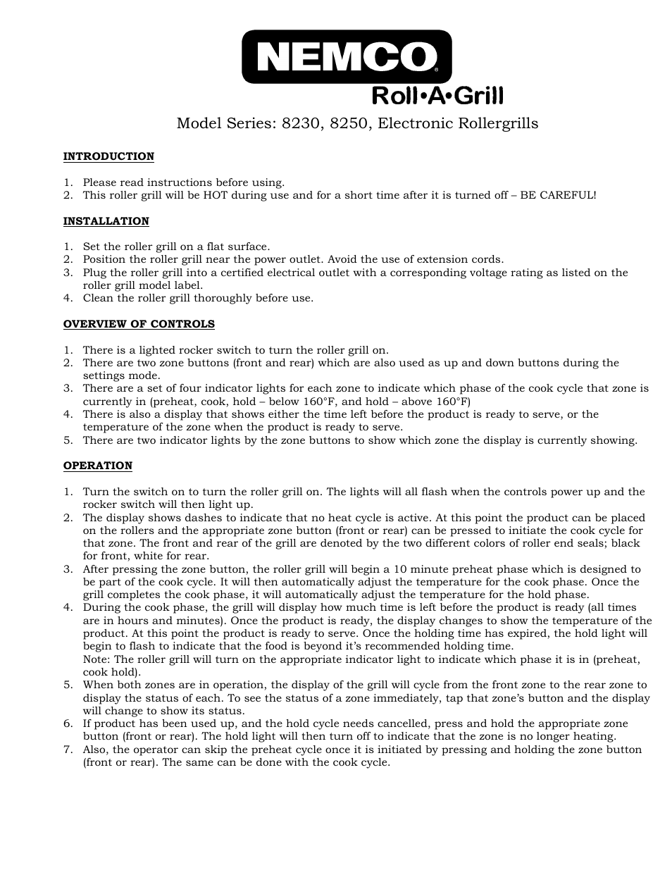 Nemco Food Equipment Digital Roller Grills - Operations Manual User Manual | 3 pages
