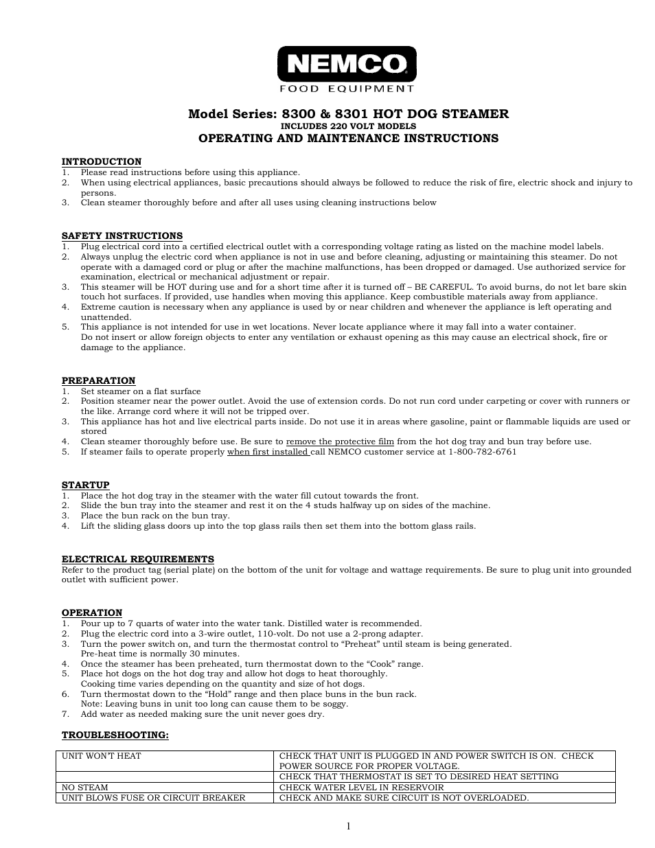Nemco Food Equipment Hot Dog Steamer - Operations Manual User Manual | 2 pages