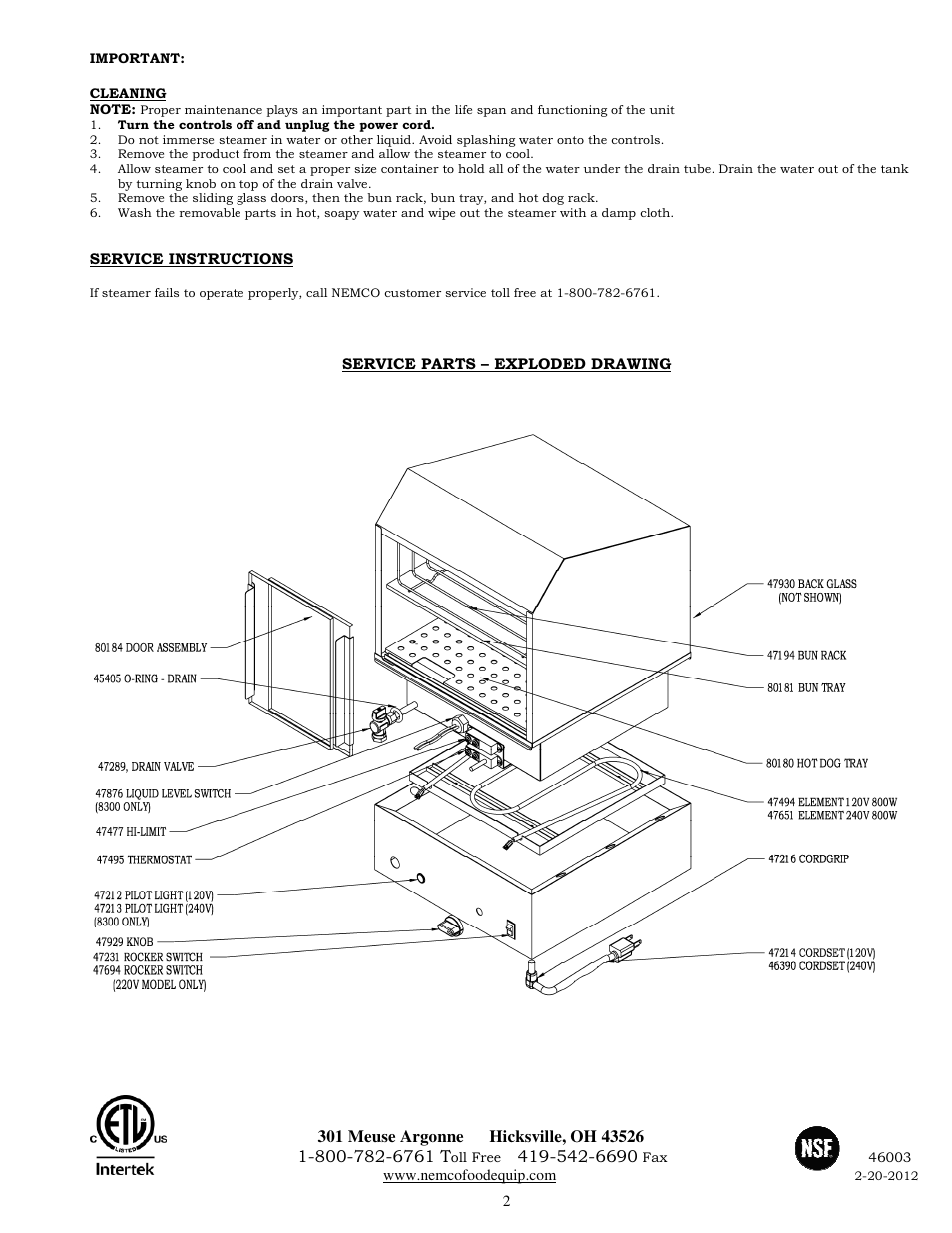 Nemco Food Equipment Hot Dog Steamer - Operations Manual User Manual | Page 2 / 2