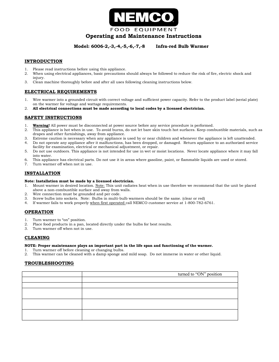 Nemco Food Equipment Suspended Infrared Bulb Warmers 6006-x - Operations Manual User Manual | 2 pages