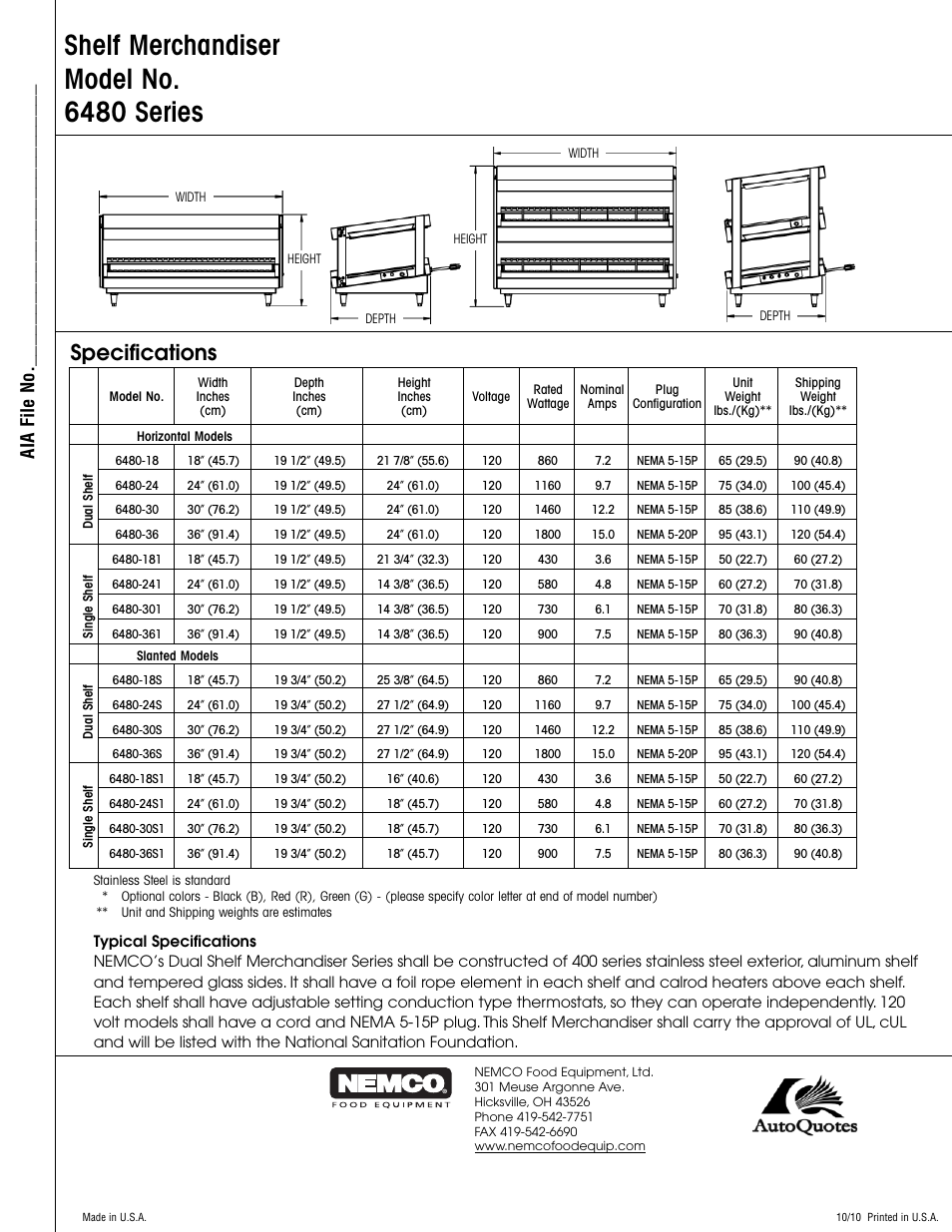 Shelf merchandiser model no. 6480 series, Specifications, Aia f il e n o | Nemco Food Equipment Dual Shelf Merchandisers - Spec Sheet User Manual | Page 2 / 2