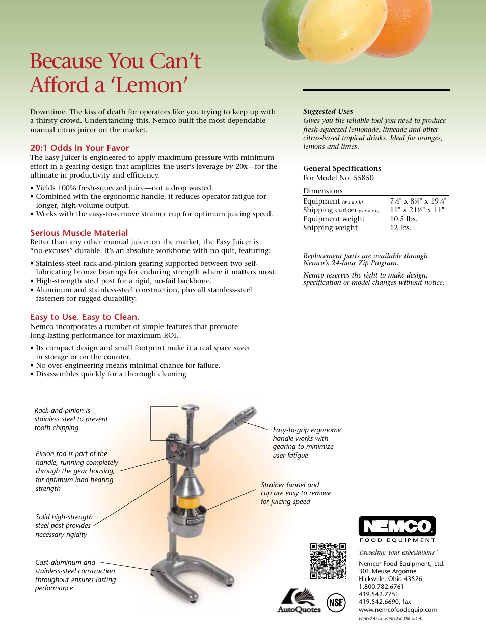 Because you can’t afford a ‘lemon | Nemco Food Equipment Easy Juicer - Spec Sheet User Manual | Page 2 / 2