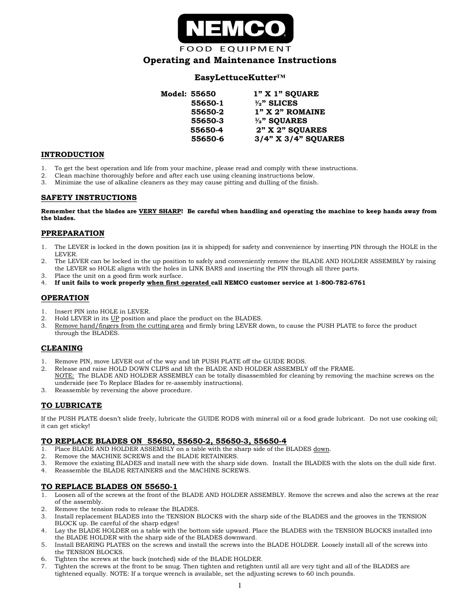 Nemco Food Equipment Easy LettuceKutter - Operations Manual User Manual | 2 pages