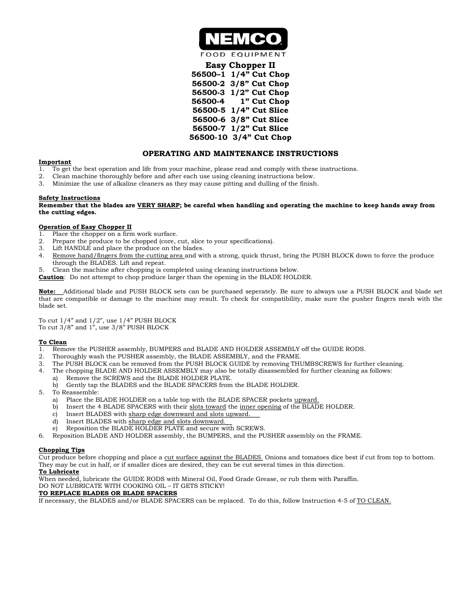 Nemco Food Equipment Easy Chopper II - Operations Manual User Manual | 2 pages