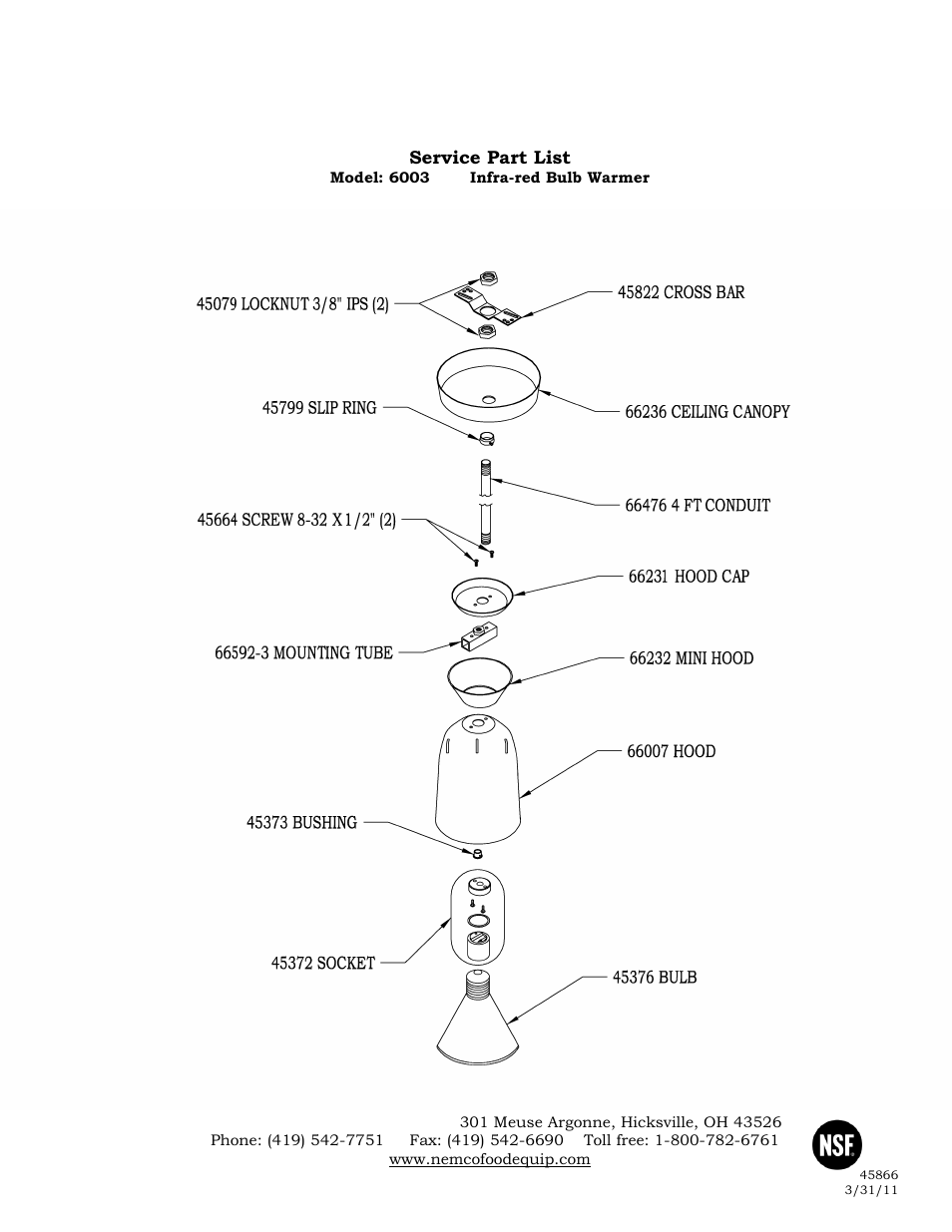 Nemco Food Equipment Suspended Infrared Bulb Warmers 6003 - Operations Manual User Manual | Page 2 / 2