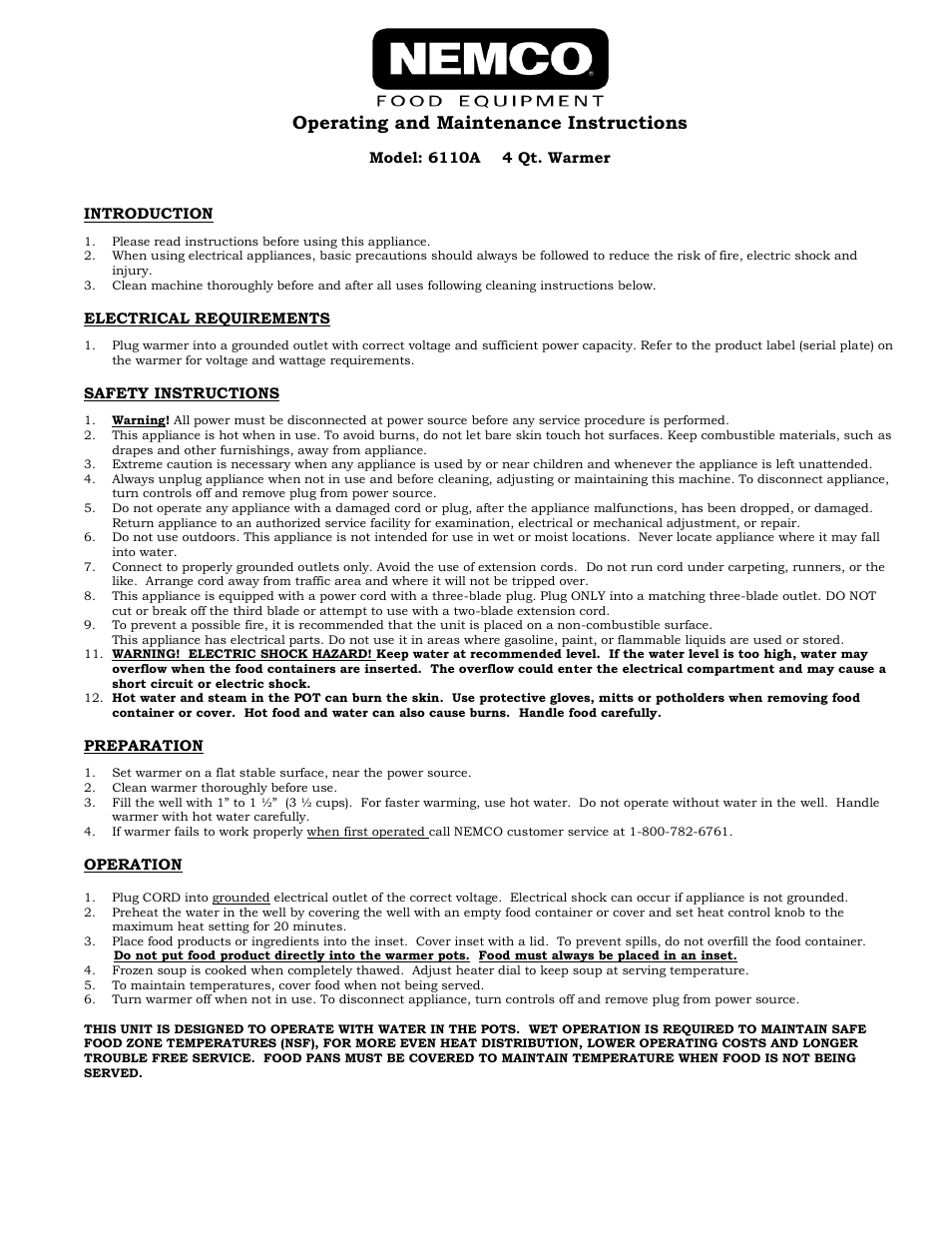 Nemco Food Equipment Round Cookers & Warmers 6110A - Operations Manual User Manual | 2 pages