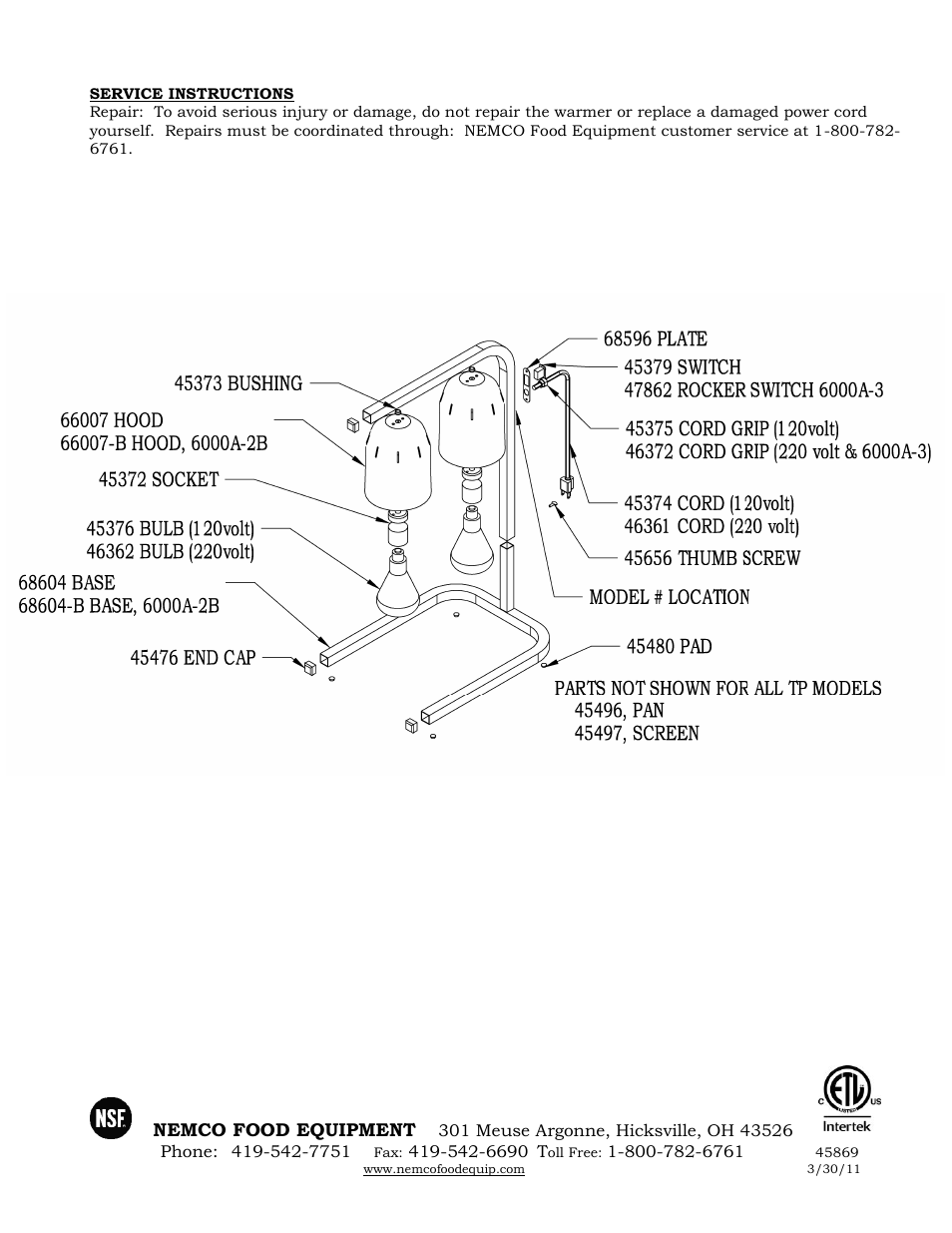 Nemco food equipment | Nemco Food Equipment Infrared Bulb Warmers 6000A-1, -2, -2B, & -3 - Operations Manual User Manual | Page 2 / 2