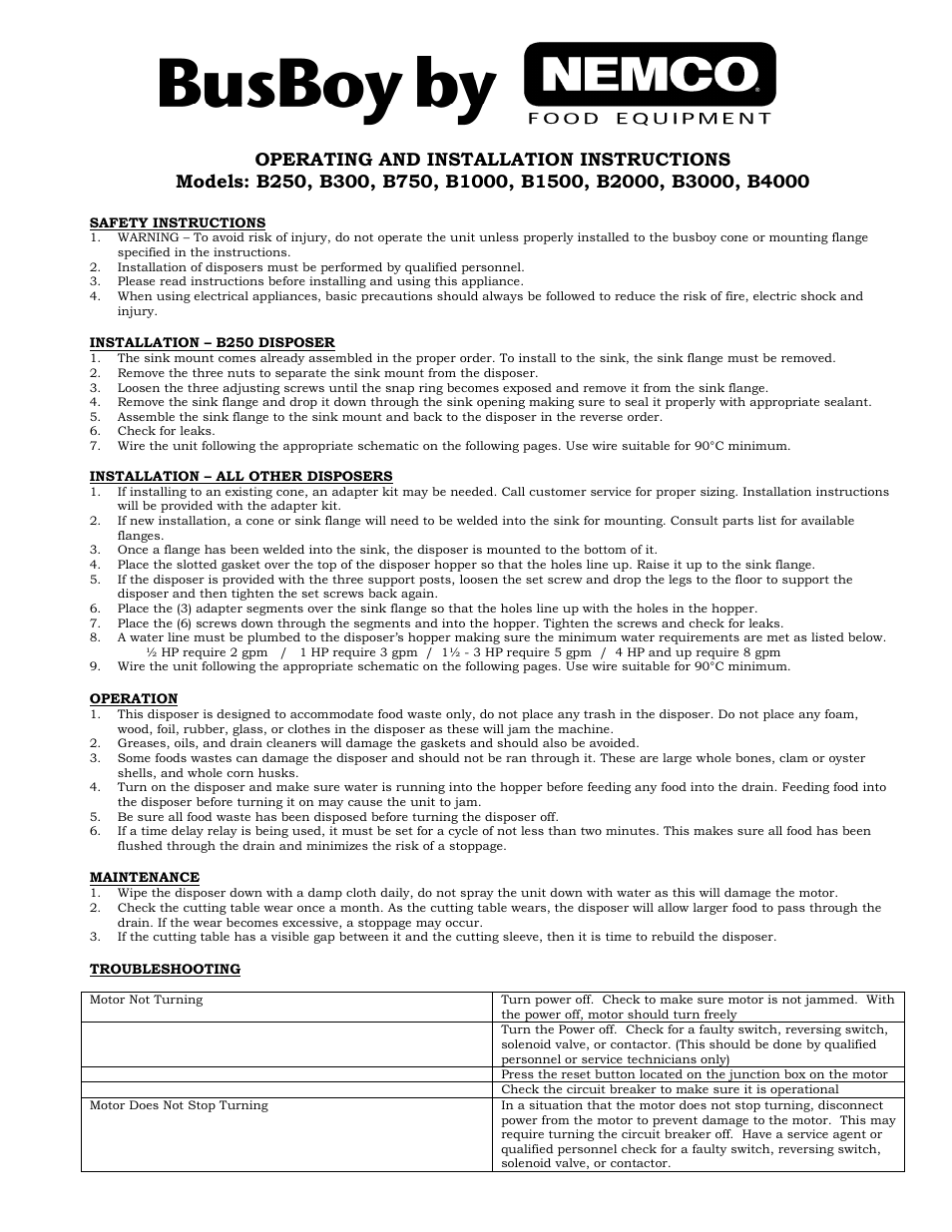 Nemco Food Equipment Food Waste Disposers - Busboy Operations Manual User Manual | 3 pages