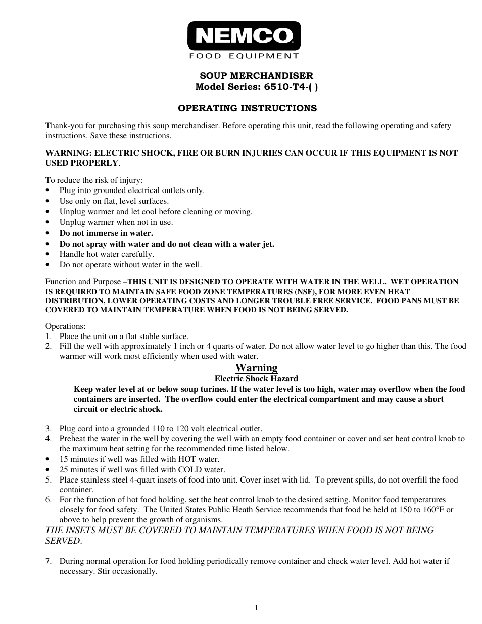 Nemco Food Equipment Soup Merchandisers 6510-T4-( )  - Operations Manual User Manual | 2 pages