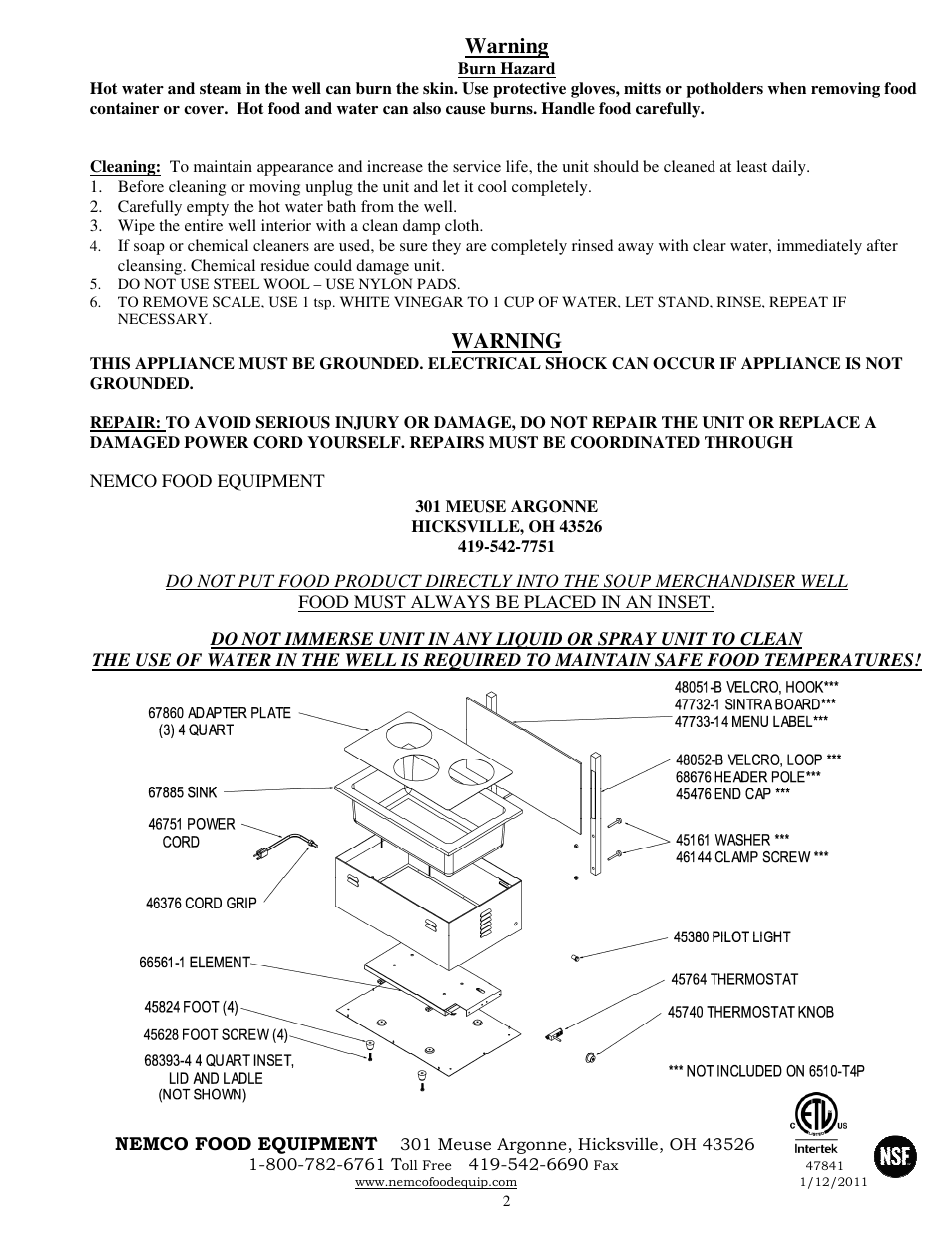 Warning | Nemco Food Equipment Soup Merchandisers 6510-T4-( )  - Operations Manual User Manual | Page 2 / 2
