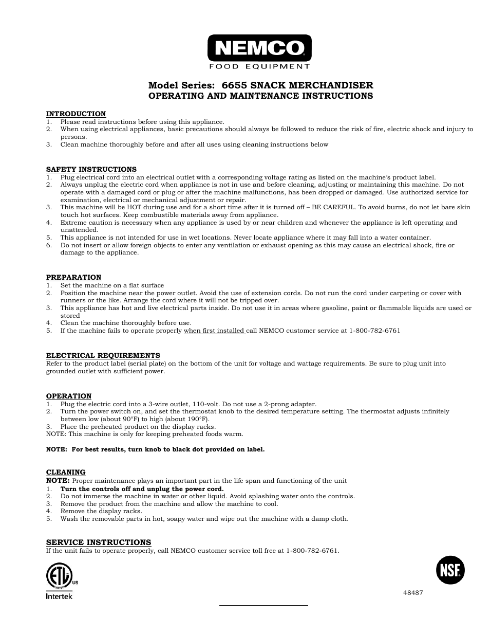 Nemco Food Equipment Grab 'n Go Food Merchandiser - Operations Manual User Manual | 3 pages