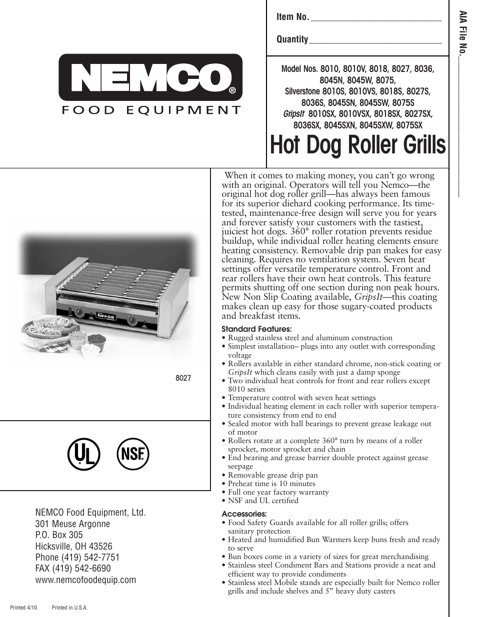 Nemco Food Equipment Hot Dog Roller Grills - Spec Sheet User Manual | 2 pages