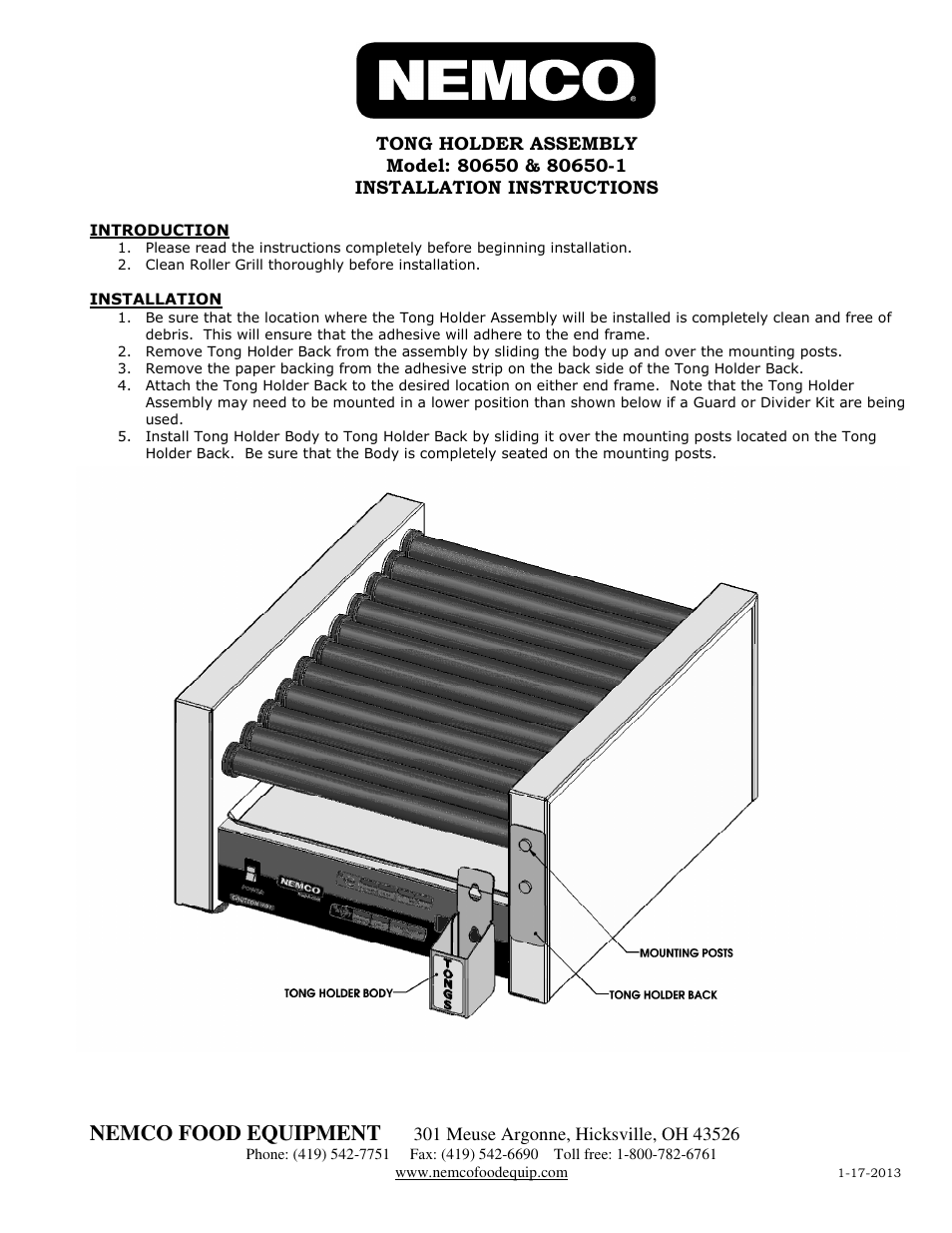 Nemco Food Equipment Hot Dog Roller Grill Accessories Tong Holder - Instruction Sheet User Manual | 1 page