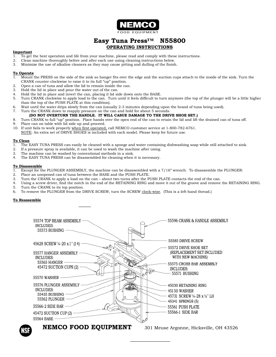 Nemco Food Equipment Easy Tuna Press - Operations Manual User Manual | 1 page