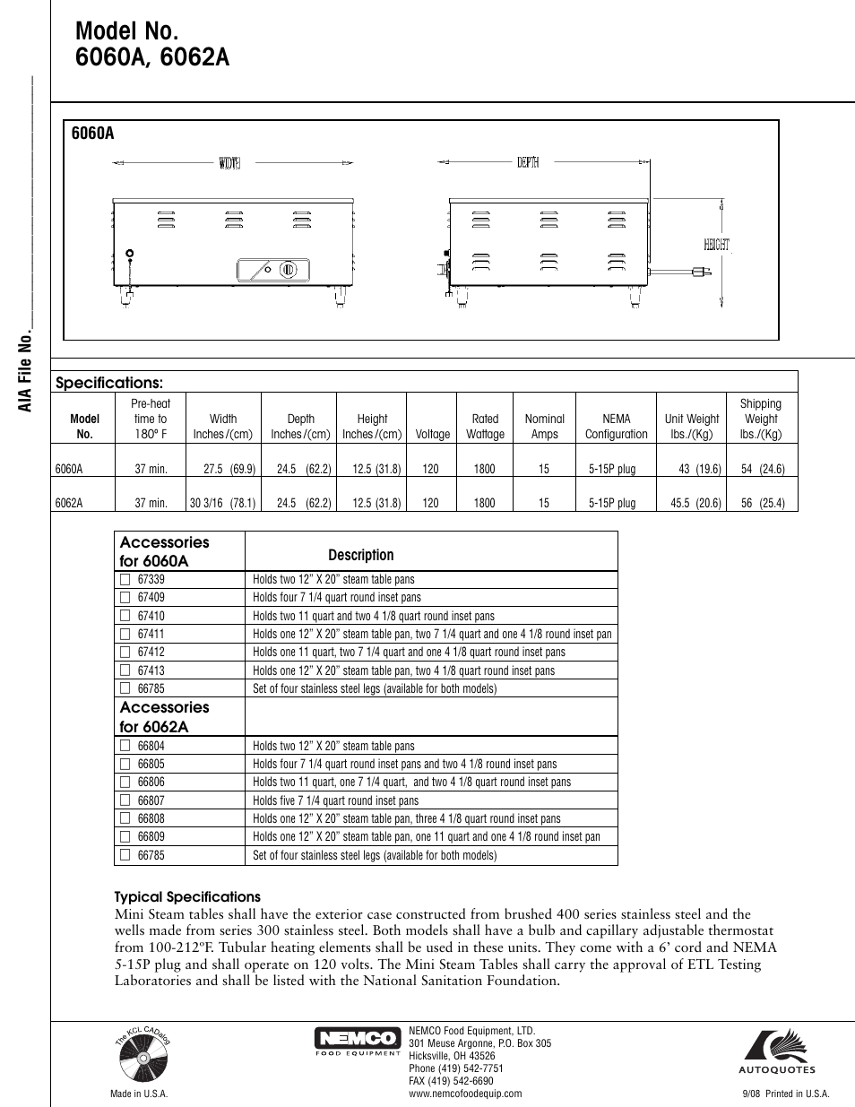 Nemco Food Equipment Mini Steamtables - Spec Sheet User Manual | Page 2 / 2