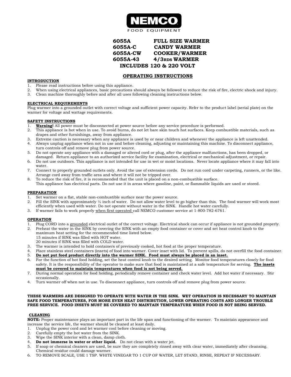 Nemco Food Equipment Full Size Cookers and Warmers - Operations Manual User Manual | 2 pages