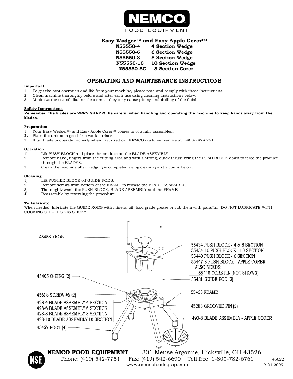 Nemco Food Equipment Easy Wedger & Easy Apple Corer - Operations Manual User Manual | 1 page