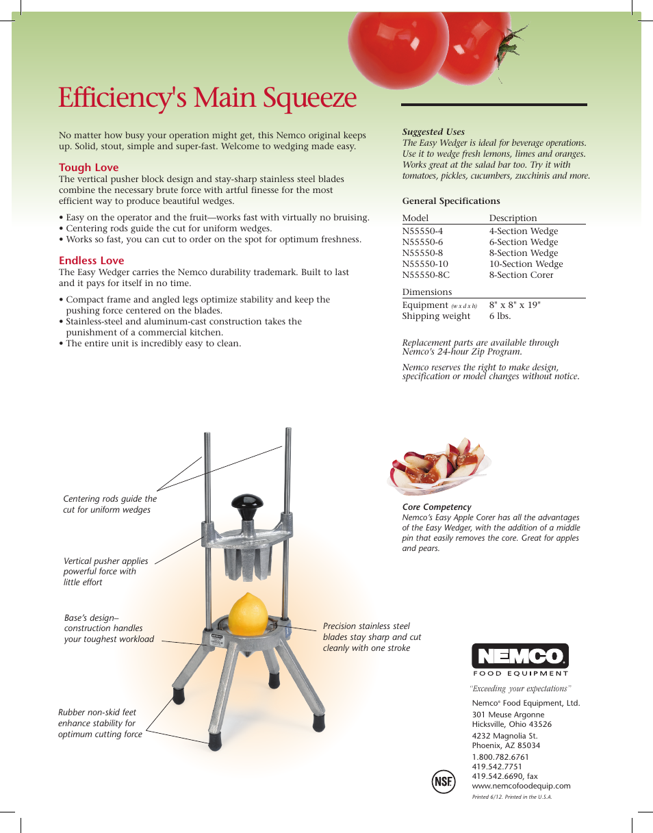 Efficiency's main squeeze | Nemco Food Equipment Easy Wedger & Easy Apple Corer - Spec Sheet User Manual | Page 2 / 2