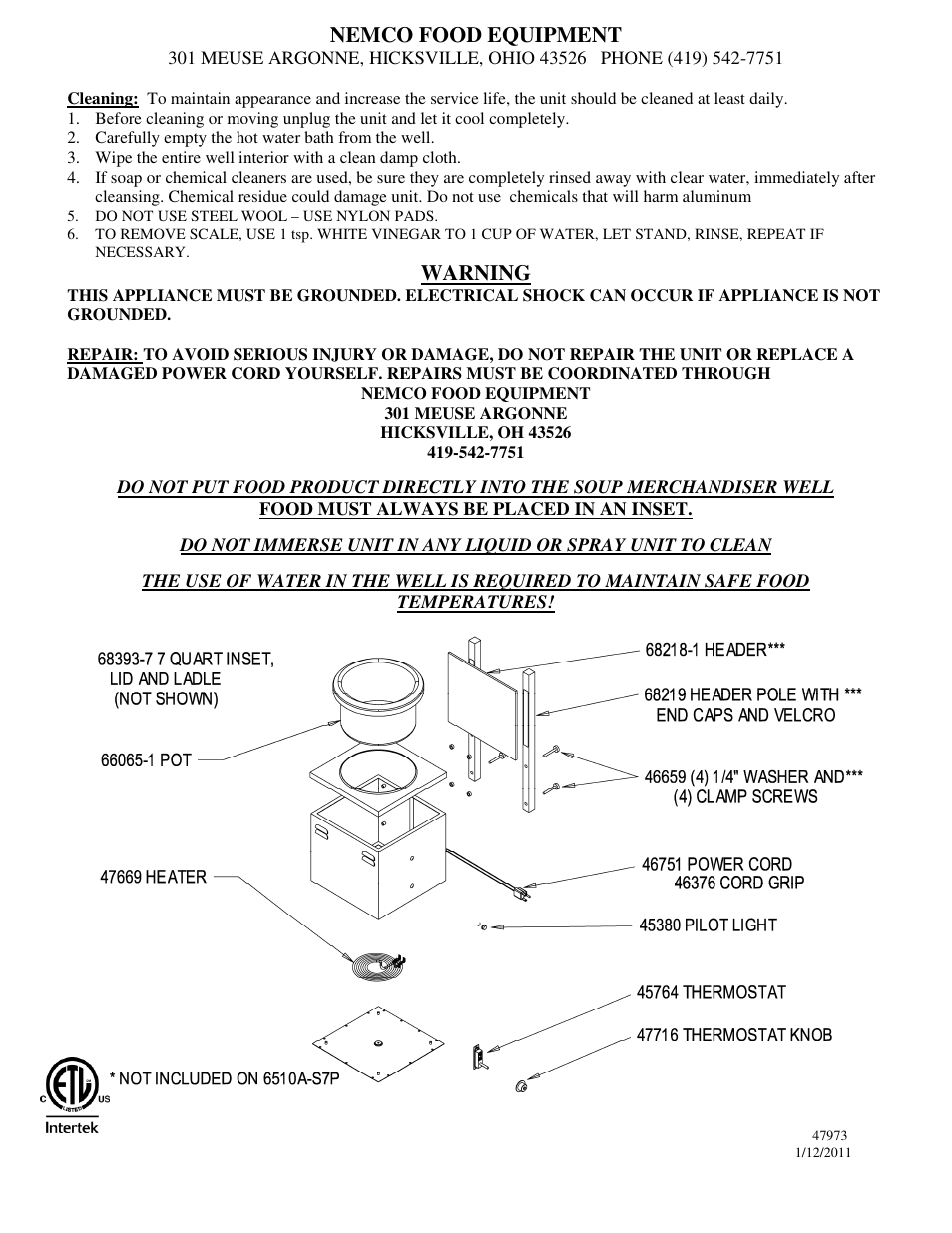 Nemco food equipment, Warning | Nemco Food Equipment Soup Merchandisers 6510A-S7P - Operations Manual User Manual | Page 2 / 2