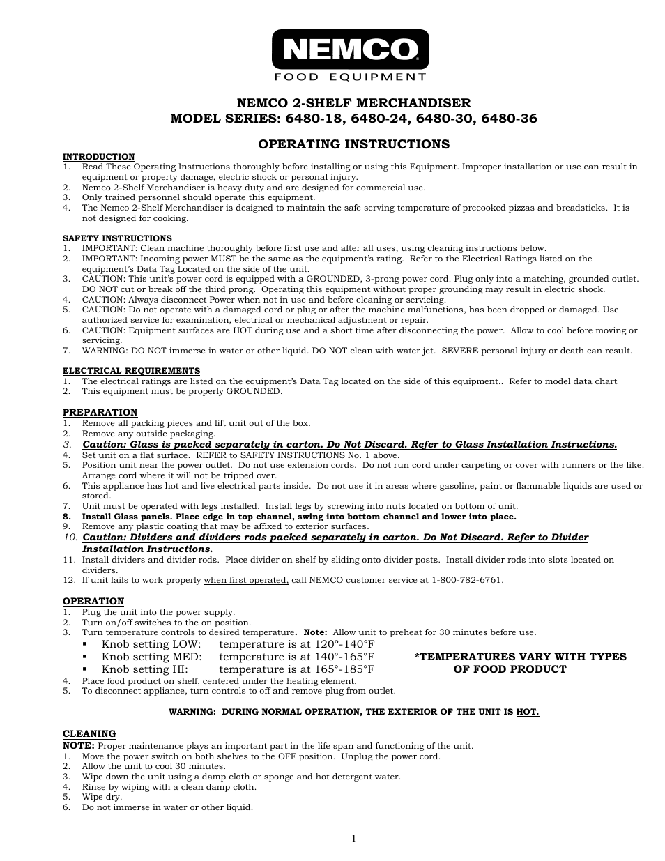 Nemco Food Equipment Dual Shelf Merchandisers Horizontal Series - Operations Manual User Manual | 6 pages