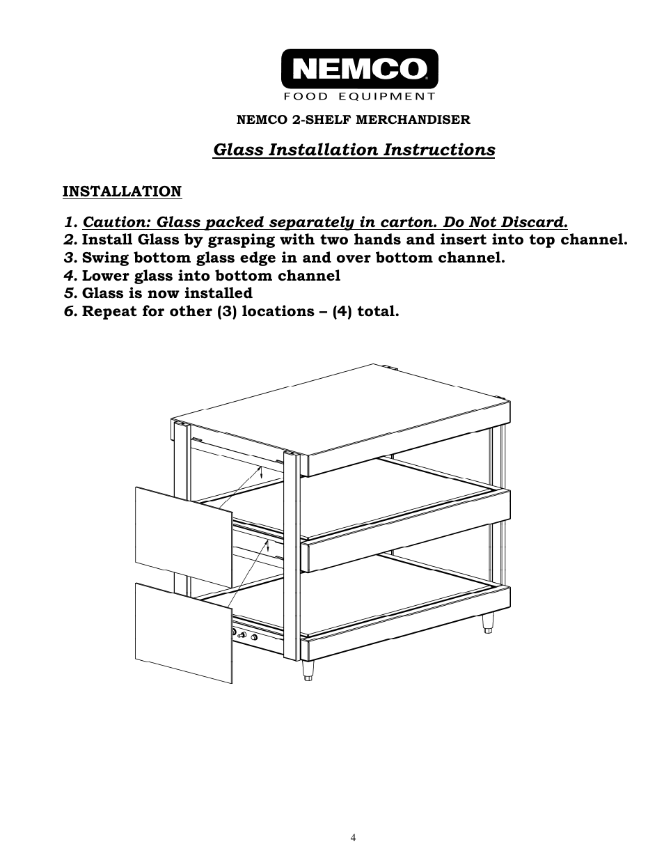Glass installation instructions | Nemco Food Equipment Dual Shelf Merchandisers Horizontal Series - Operations Manual User Manual | Page 4 / 6