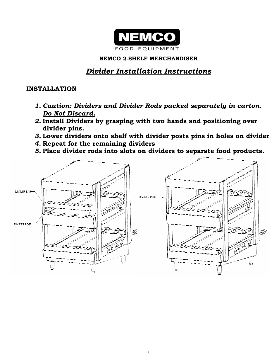 Divider installation instructions | Nemco Food Equipment Dual Shelf Merchandisers Horizontal Series - Operations Manual User Manual | Page 5 / 6