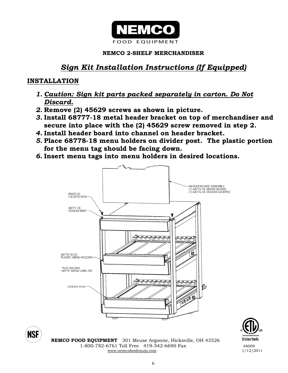 Sign kit installation instructions (if equipped) | Nemco Food Equipment Dual Shelf Merchandisers Horizontal Series - Operations Manual User Manual | Page 6 / 6