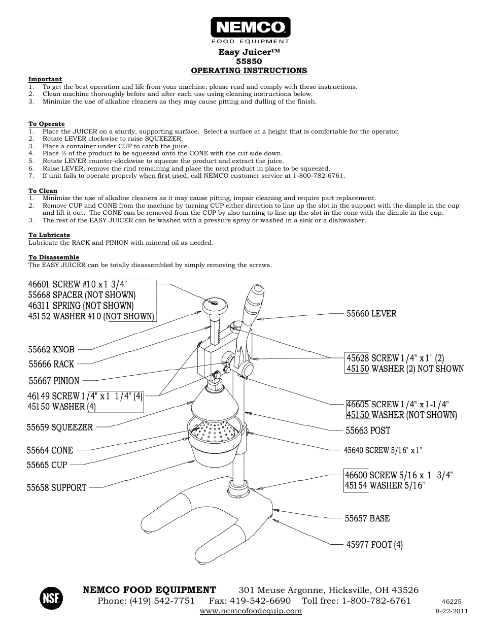 Nemco Food Equipment Easy Juicer - Operations Manual User Manual | 1 page