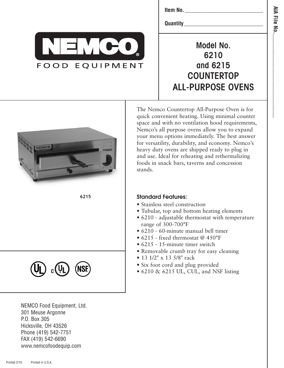 Nemco Food Equipment Countertop Ovens - Spec Sheet User Manual | 2 pages