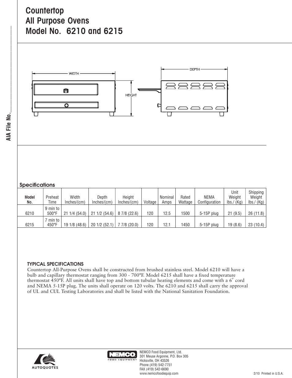 Nemco Food Equipment Countertop Ovens - Spec Sheet User Manual | Page 2 / 2