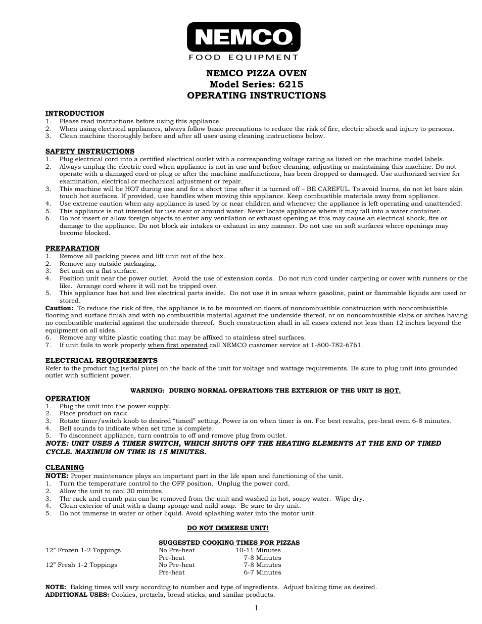 Nemco Food Equipment Countertop Ovens 6215 - Operations Manual User Manual | 2 pages