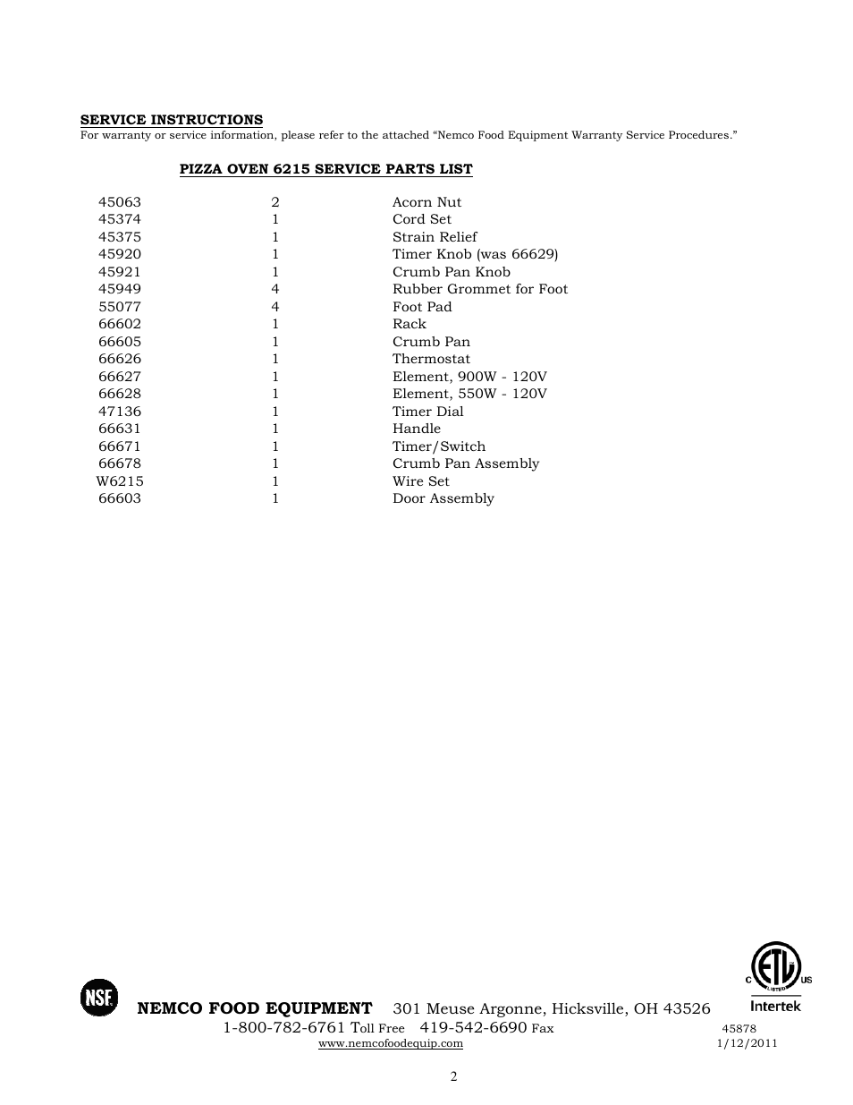 Nemco Food Equipment Countertop Ovens 6215 - Operations Manual User Manual | Page 2 / 2