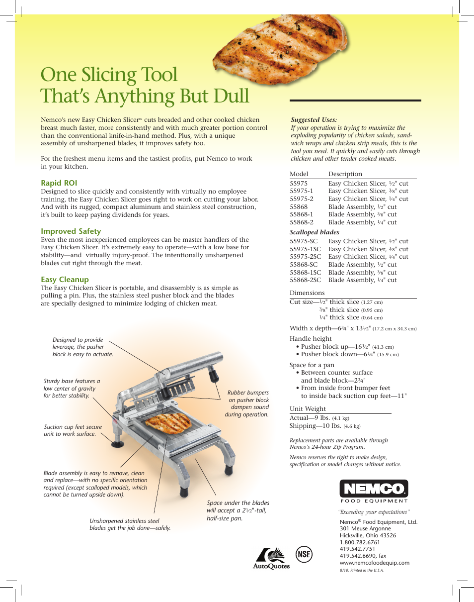 One slicing tool that’s anything but dull, Rapid roi, Improved safety | Easy cleanup | Nemco Food Equipment Easy Chicken Slicer - Spec Sheet User Manual | Page 2 / 2