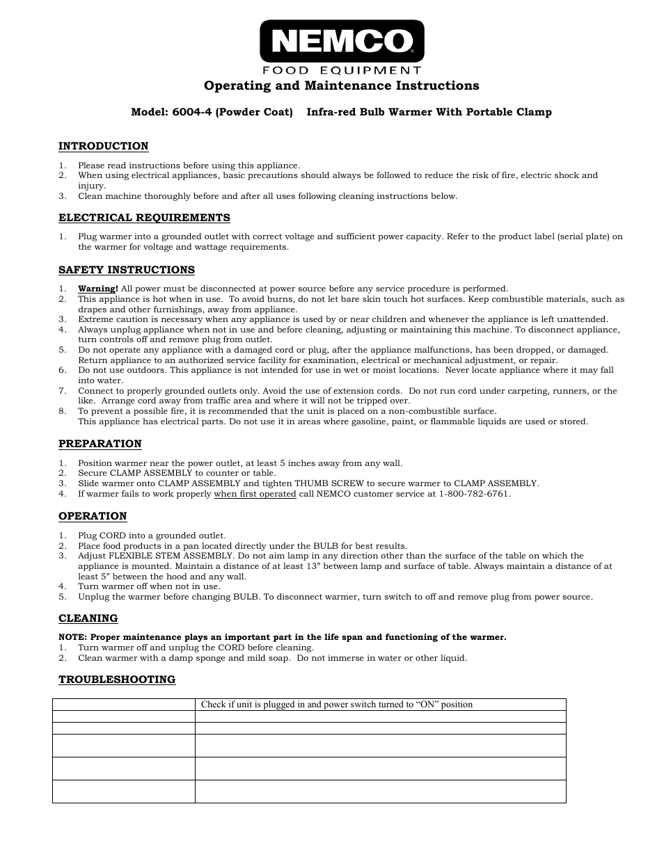 Nemco Food Equipment Infrared Bulb Warmers 6004-4 - Operations Manual User Manual | 2 pages