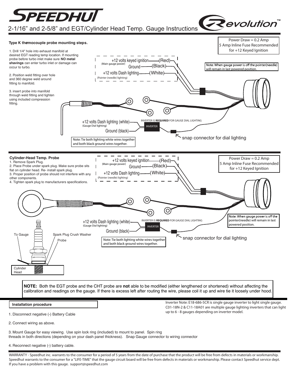 Speedhut 2-1_16 inch & 2-5_8 inch EGT or Cylinder Head Temp Gauge User Manual | 2 pages