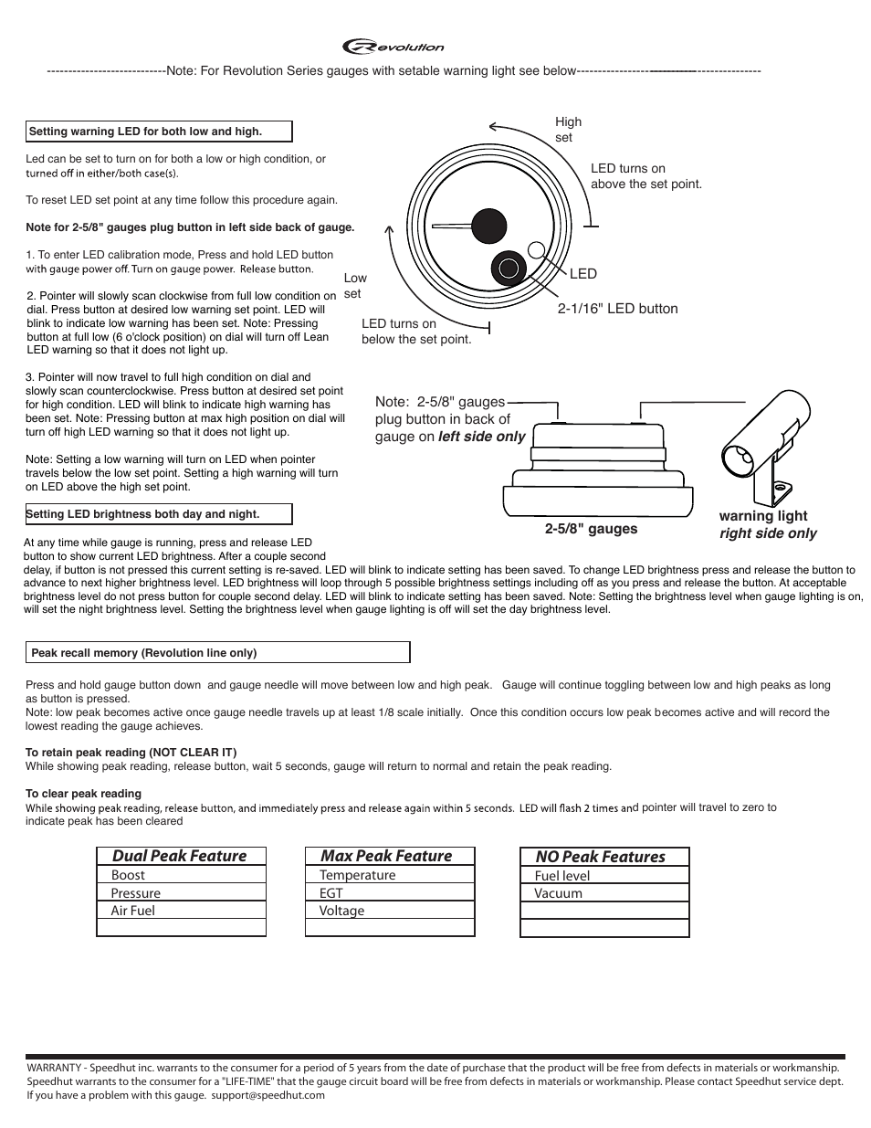 Dual peak feature, Max peak feature, No peak features | Speedhut 2-1_16 inch & 2-5_8 inch EGT or Cylinder Head Temp Gauge User Manual | Page 2 / 2