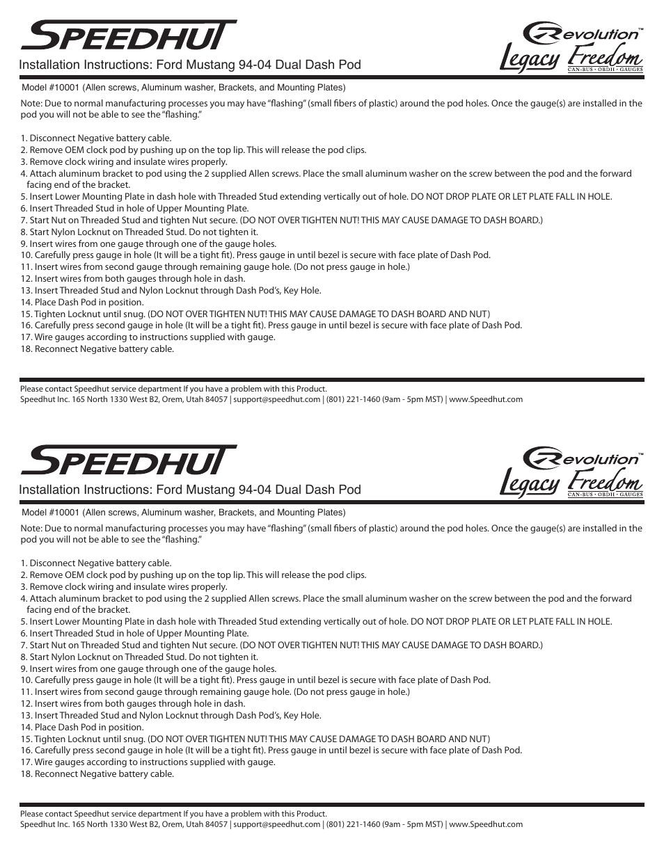 Speedhut 1994-2004 Ford Mustang Dual Dash Pod User Manual | 1 page