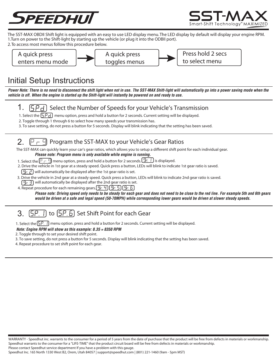 Initial setup instructions, Set shift point for each gear | Speedhut SST-MAX OBDII Shift-Light (CAN Protocol) User Manual | Page 2 / 3