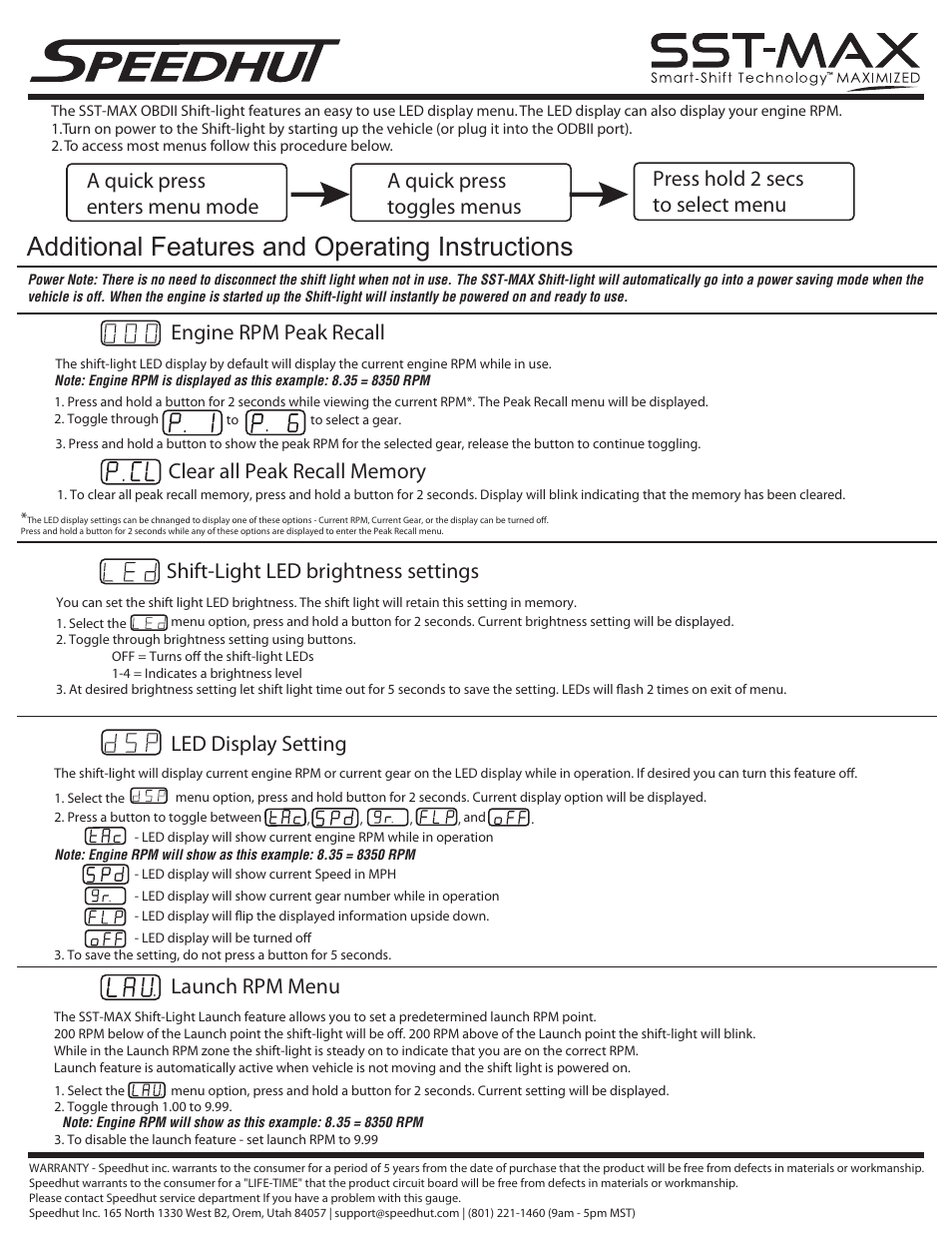 Additional features and operating instructions, Launch rpm menu led display setting, Shift-light led brightness settings | Speedhut SST-MAX OBDII Shift-Light (CAN Protocol) User Manual | Page 3 / 3