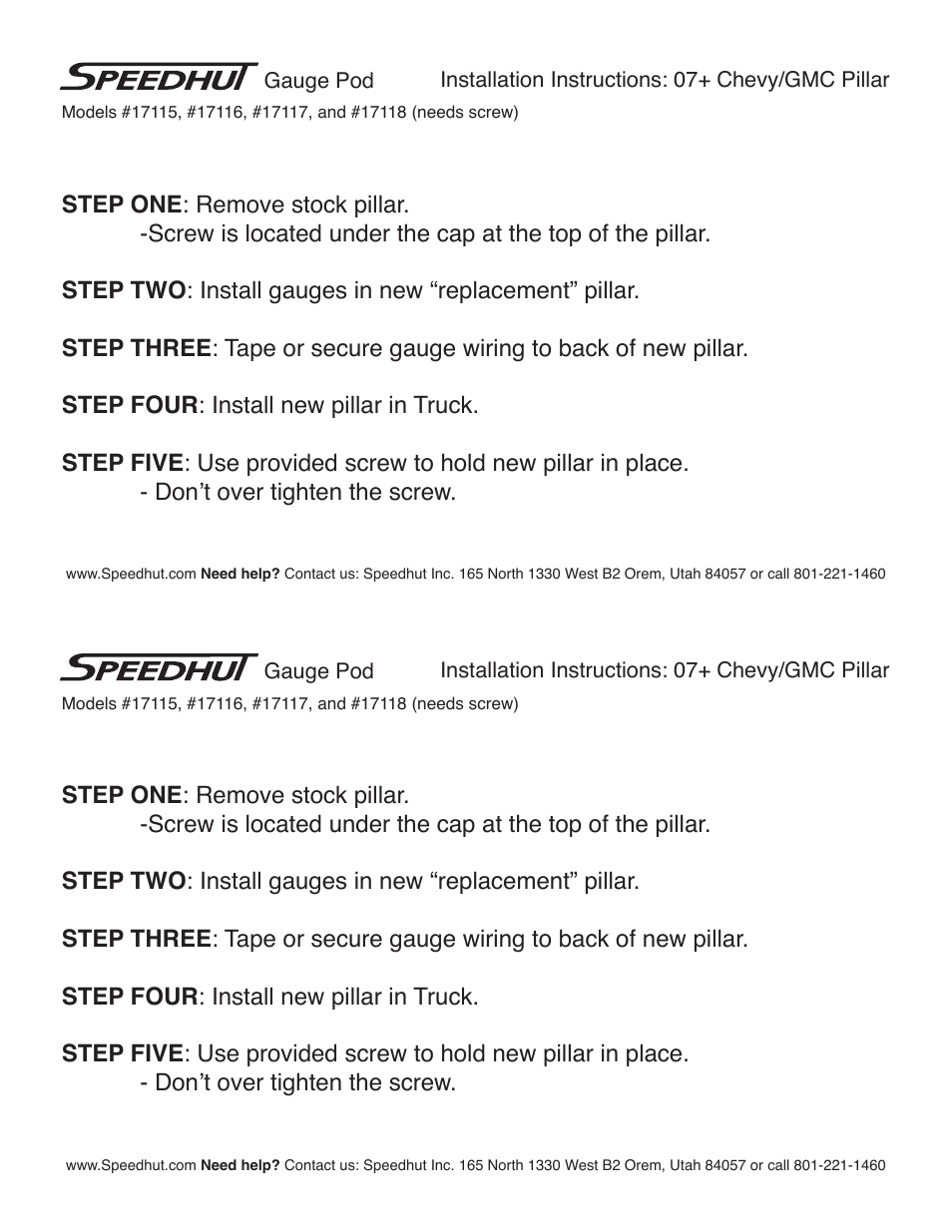 Speedhut 2007-2012 Chevrolet Silverado_Duramax (GMC Sierra_Duramax) Pillar User Manual | 1 page